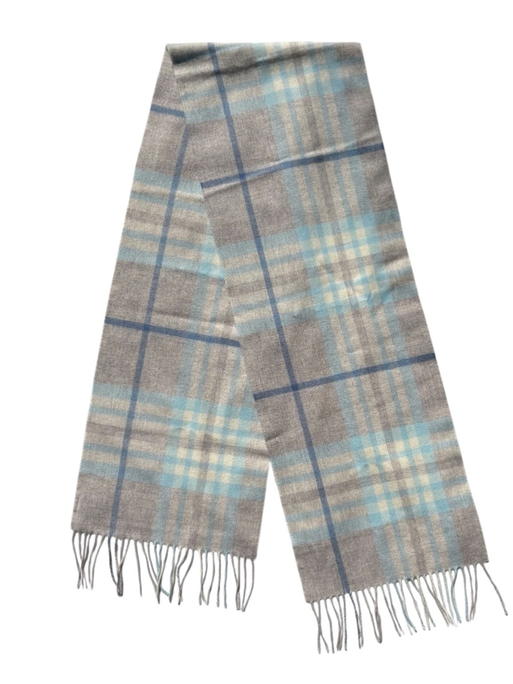 Fraas 100% Cashmere Scarf Gray Blue Cream Plaid Fringe Soft Made in Germany